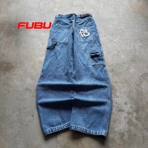Baggy Fubu Carpenter Wide Leg Jnco Styl Embroidered Denim Y2k Vintage Jeans 30
